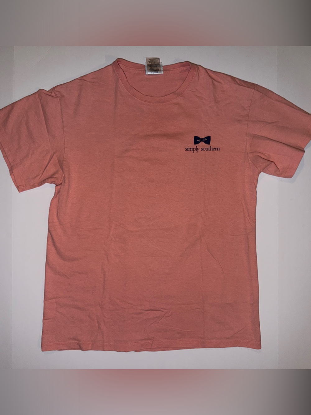 Simply Southern Coral Tee with Navy Bow Logo & Back Graphic